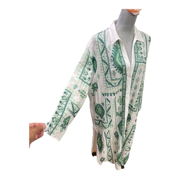 Zara Womens Lg White Green Embroidered Tunic Collared Shirt Dress Boho Cover Up - Picture 10 of 15
